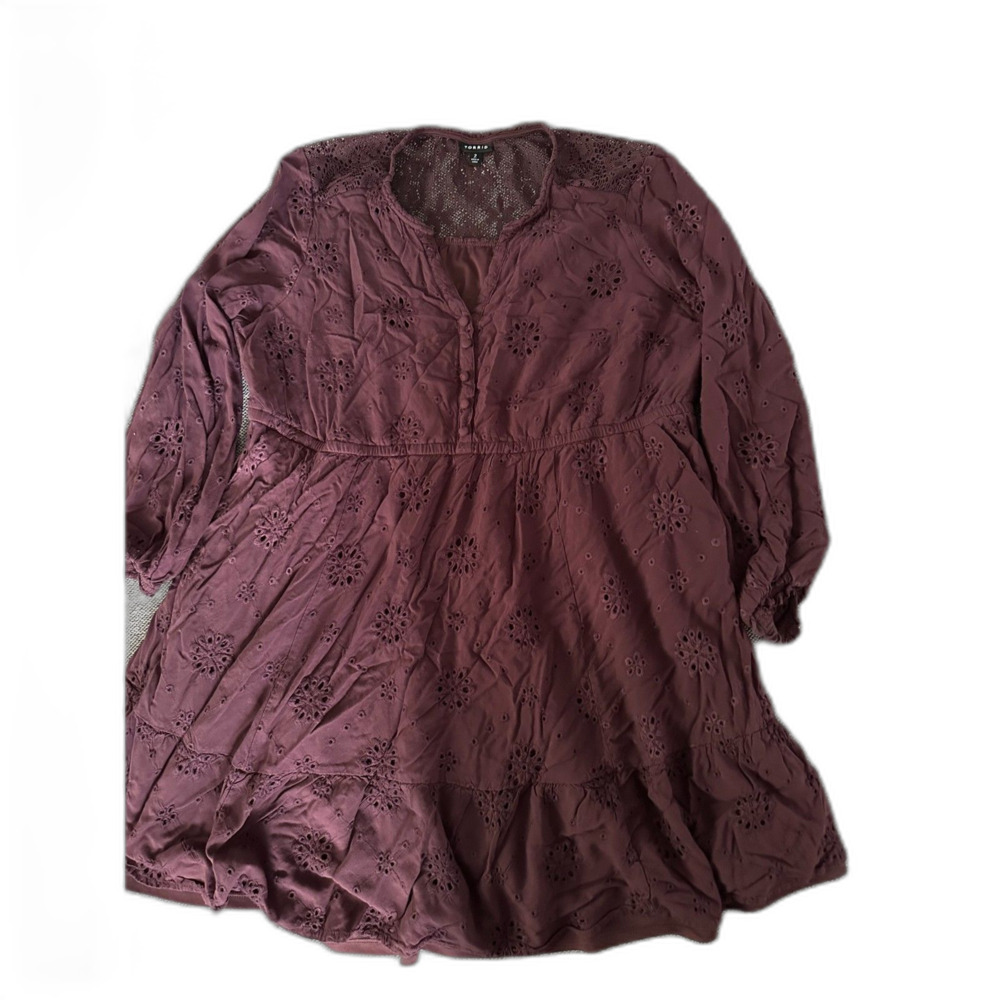 size 2 Torrid Burgundy Challis Eyelet Drop-Waist Mini Dress